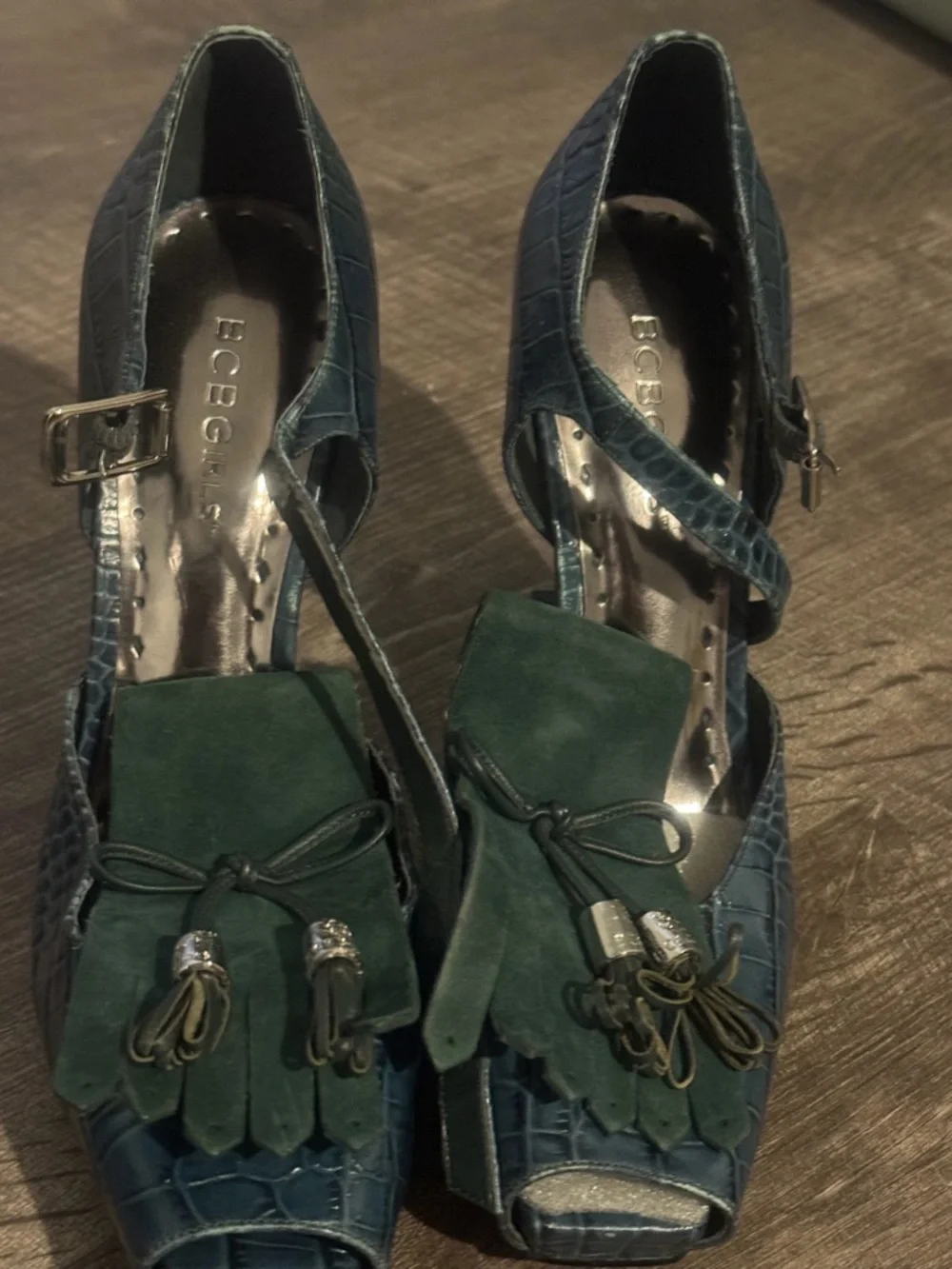 BCBGeneration Green Suede and Teal Croc-Embossed Tassel Platform Heels - Picture 2 of 5